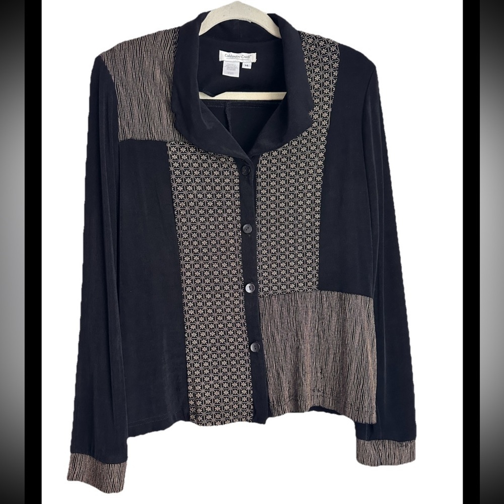 COLDWATER CREEK Black Beige Geo Patchwork Long Sleeve Button Down Blouse Sz 14